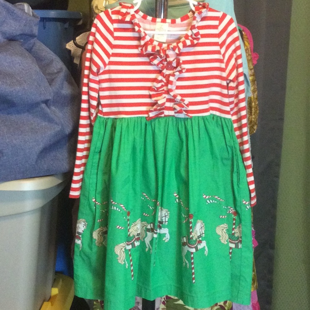 Holiday Stripe Ruffle Dress with Carousel Skirt - Red & Green